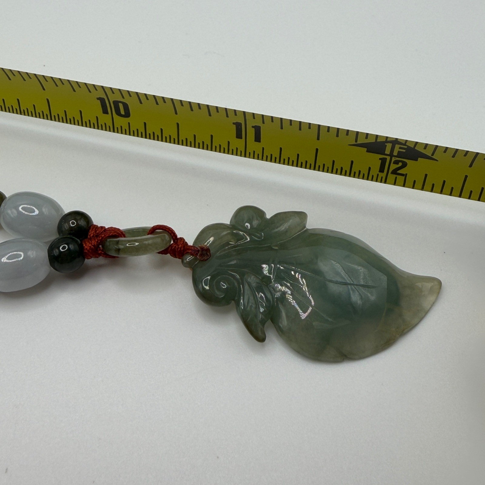 Carved Green Burmese Jadeite Jade Leaf Pendant Black Silk Cord Mixed Beads