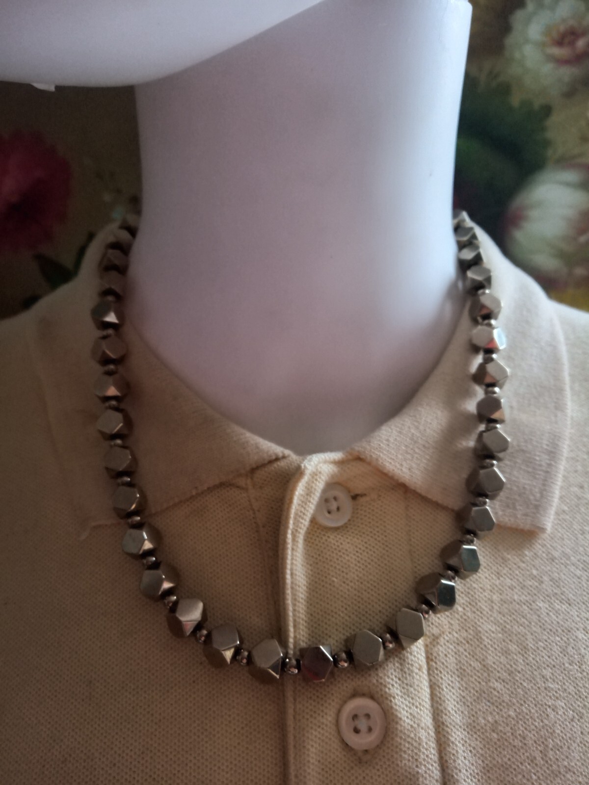 20 Inch Brass Faceted Square Hematite and Smaller Round Hematite Necklace