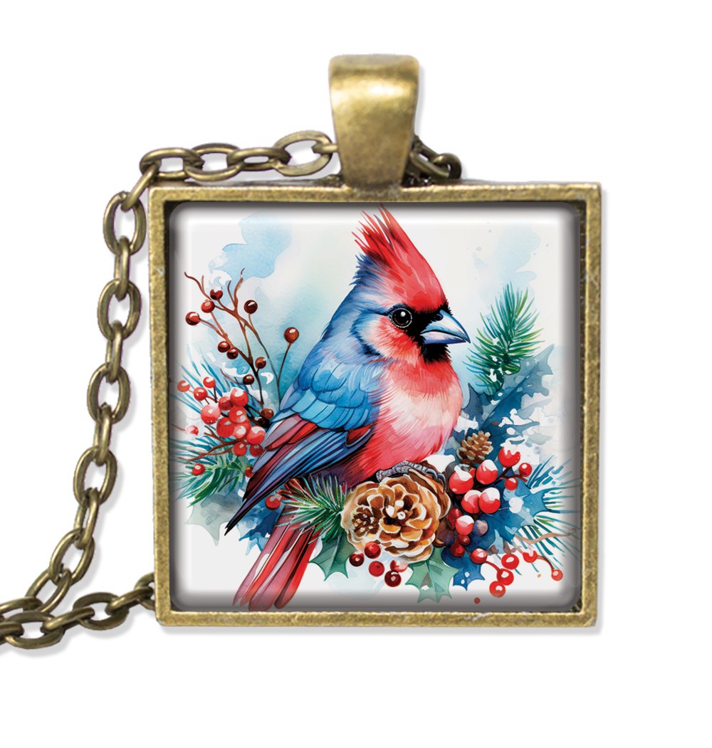 Lovely Holiday Cardinal Bird Design – Handmade SQUARE Glass Pendant Necklace