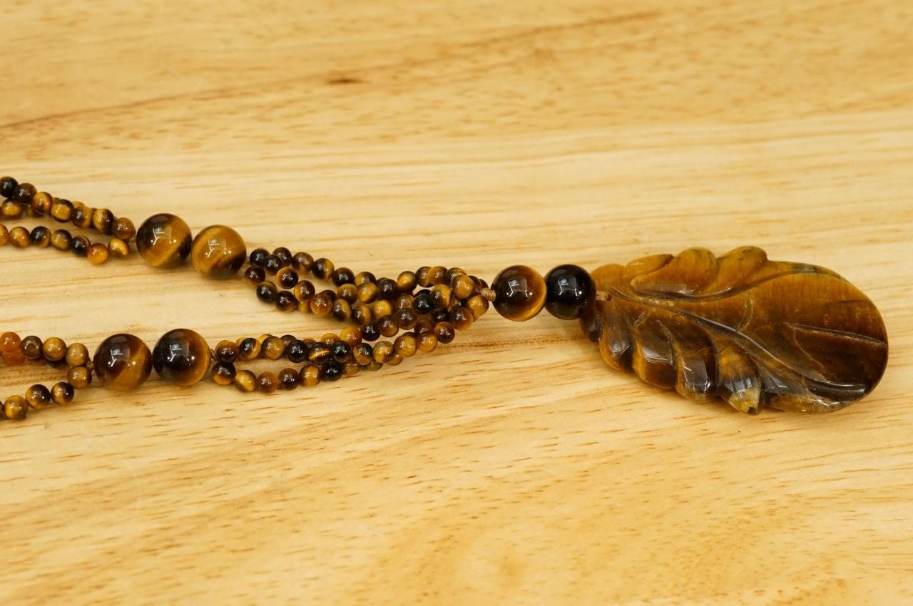 Artisan Crafted Jewelry Tigers Eye Gemstone Beaded 28″ Carved Statement Necklace