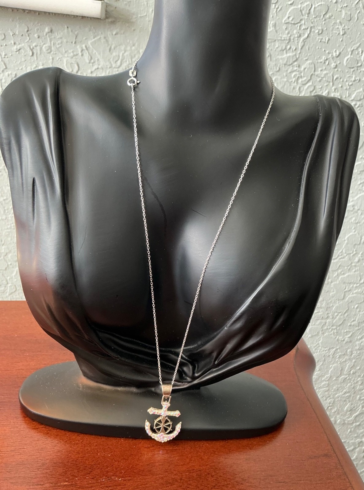 Sterling Silver 950 Nautical Anchor Cross AB crystals pendant + 925 chain 4.7g