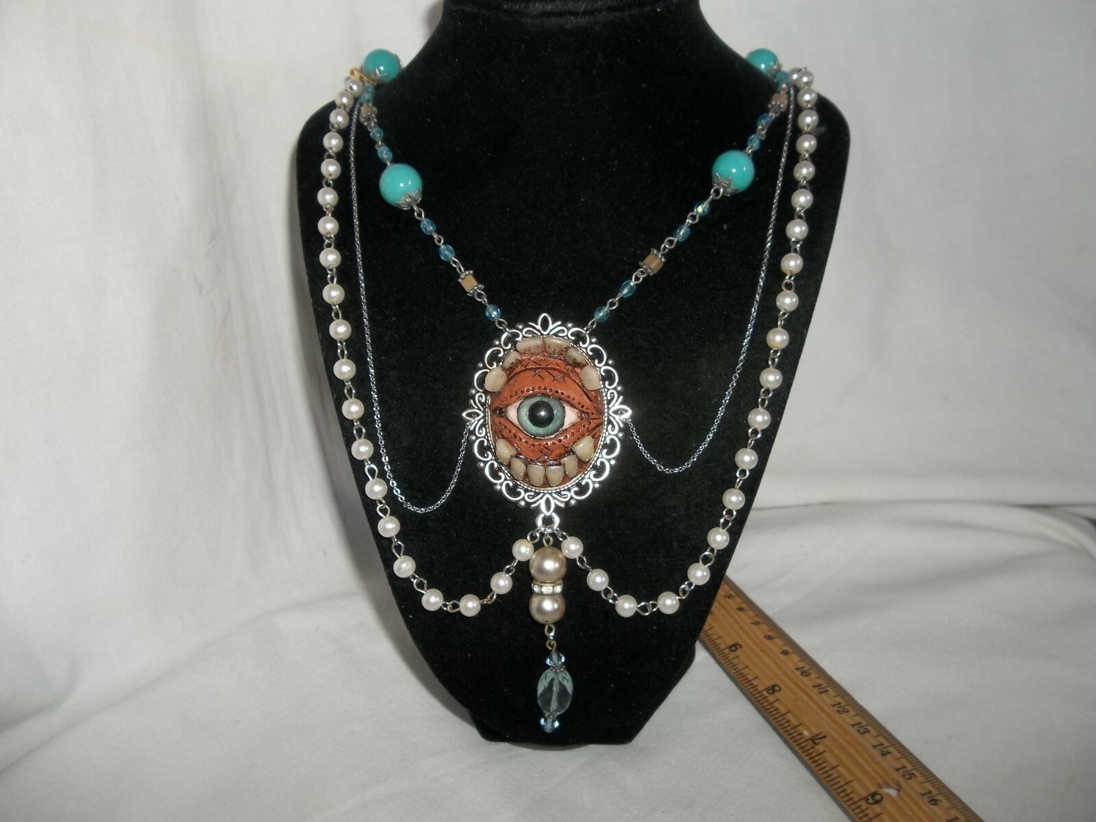 SALE*Creepy Antique Glass Turquoise Eye Victorian Steampunk Teeth Pearl Necklace
