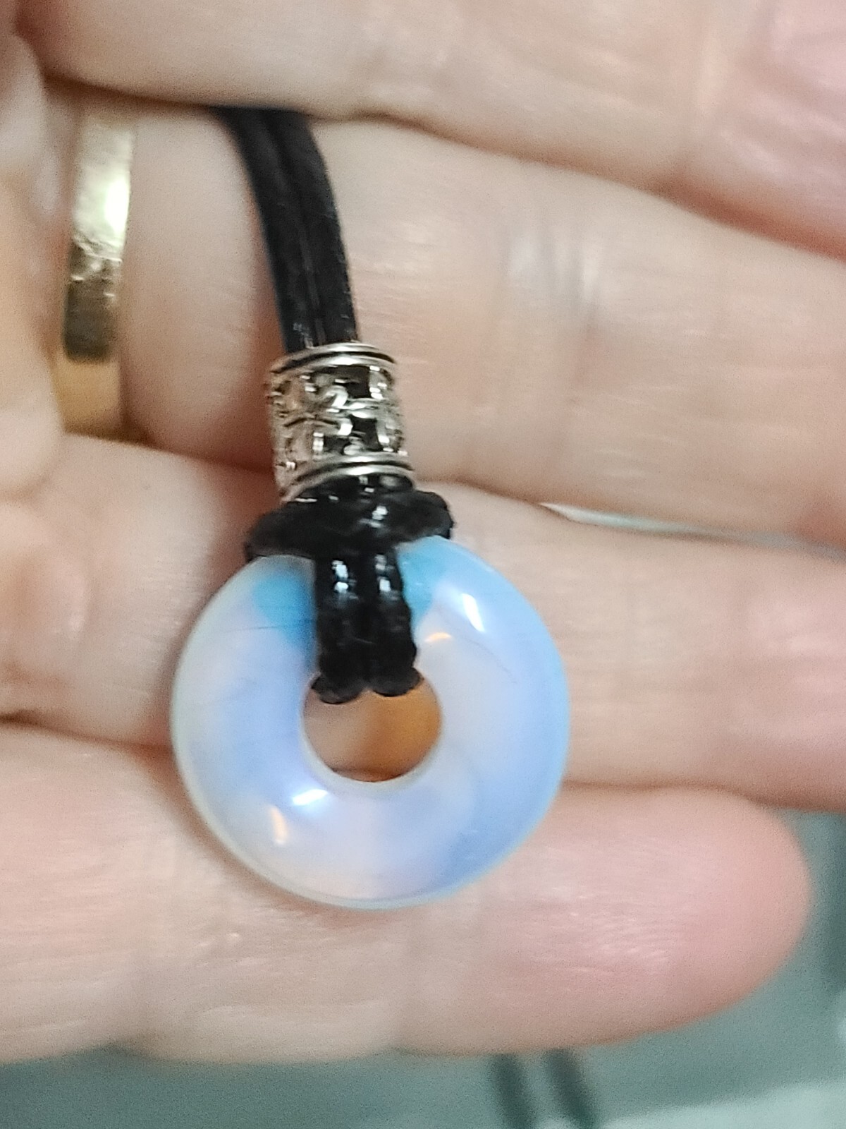 Opalite Choker Necklace Donut Charm Pendant Adjustable Black Cord