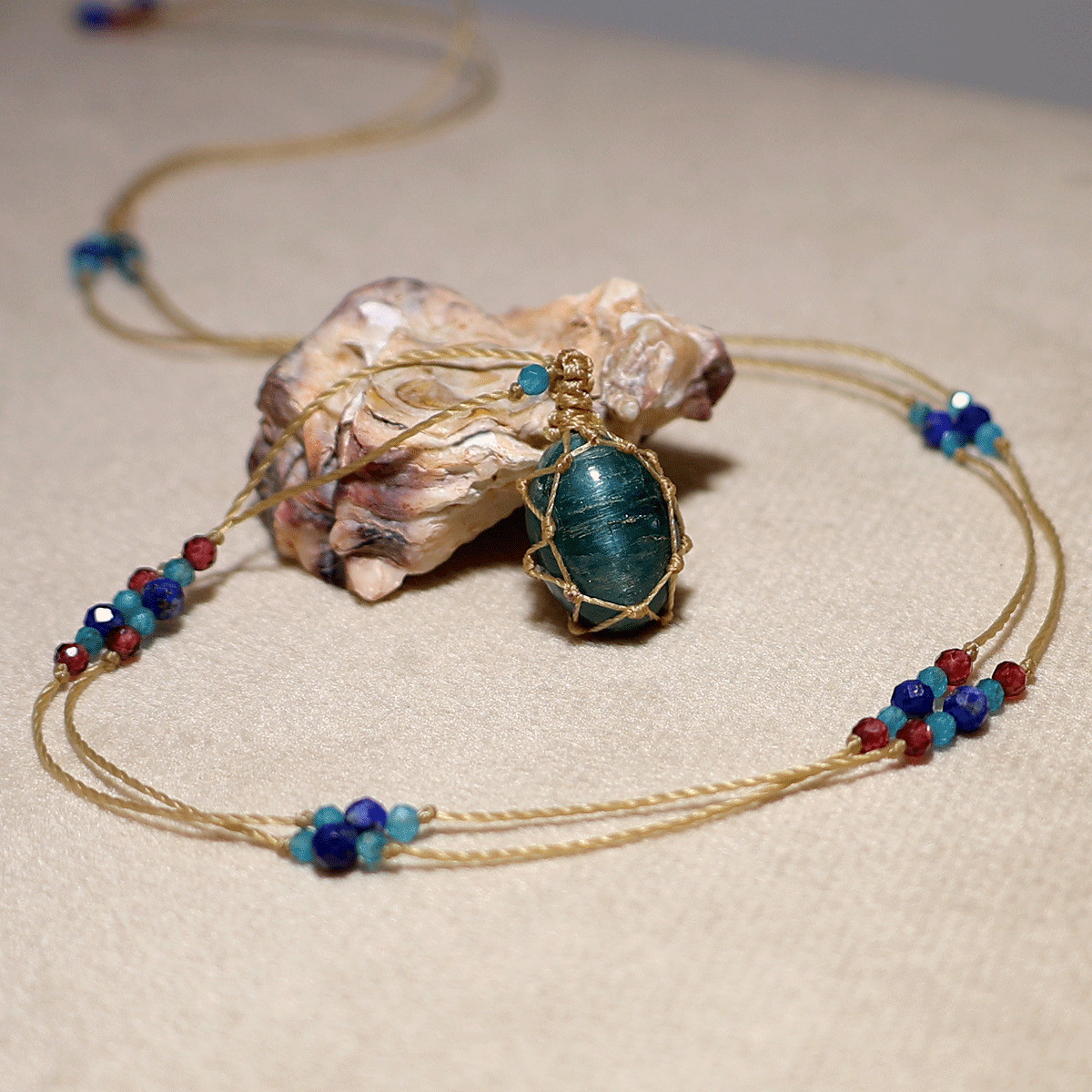 Focused Vision Cat’s Eye Apatite Necklace —Rare Chatoyant Gem— Micro Macrame