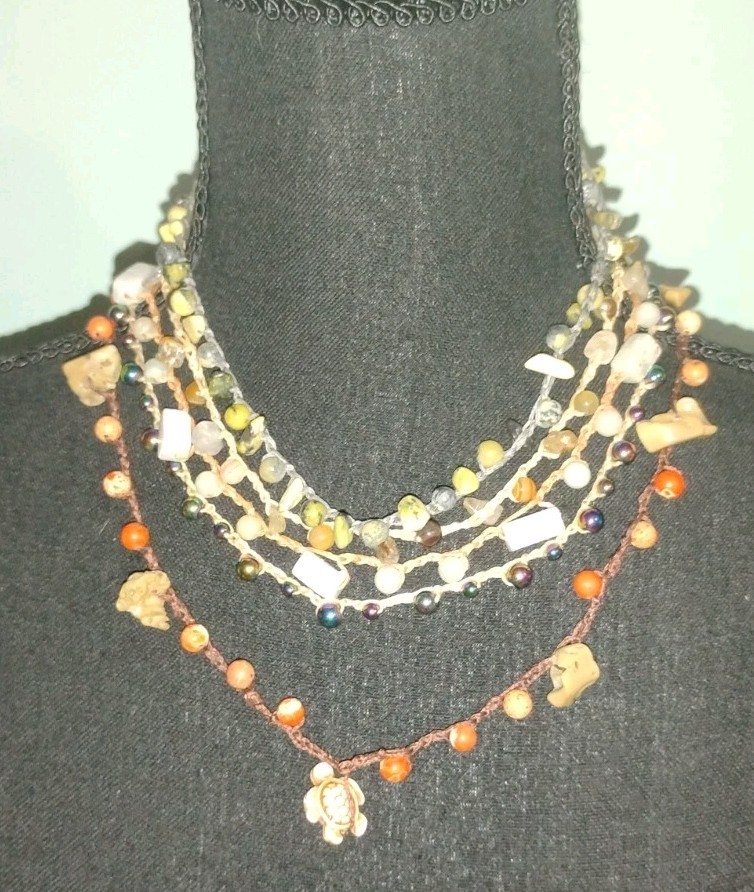 5 Lot Wholesale Semi Precious Stones One Of A Kind Hand Crocheted Necklaces