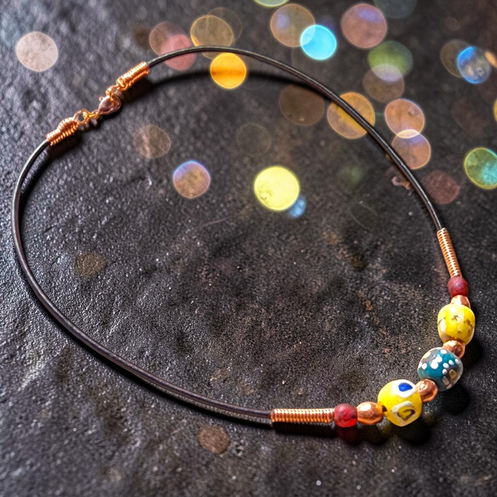 Handcrafted Black Leather Cord Necklace With Trade Beads and Copper Accents