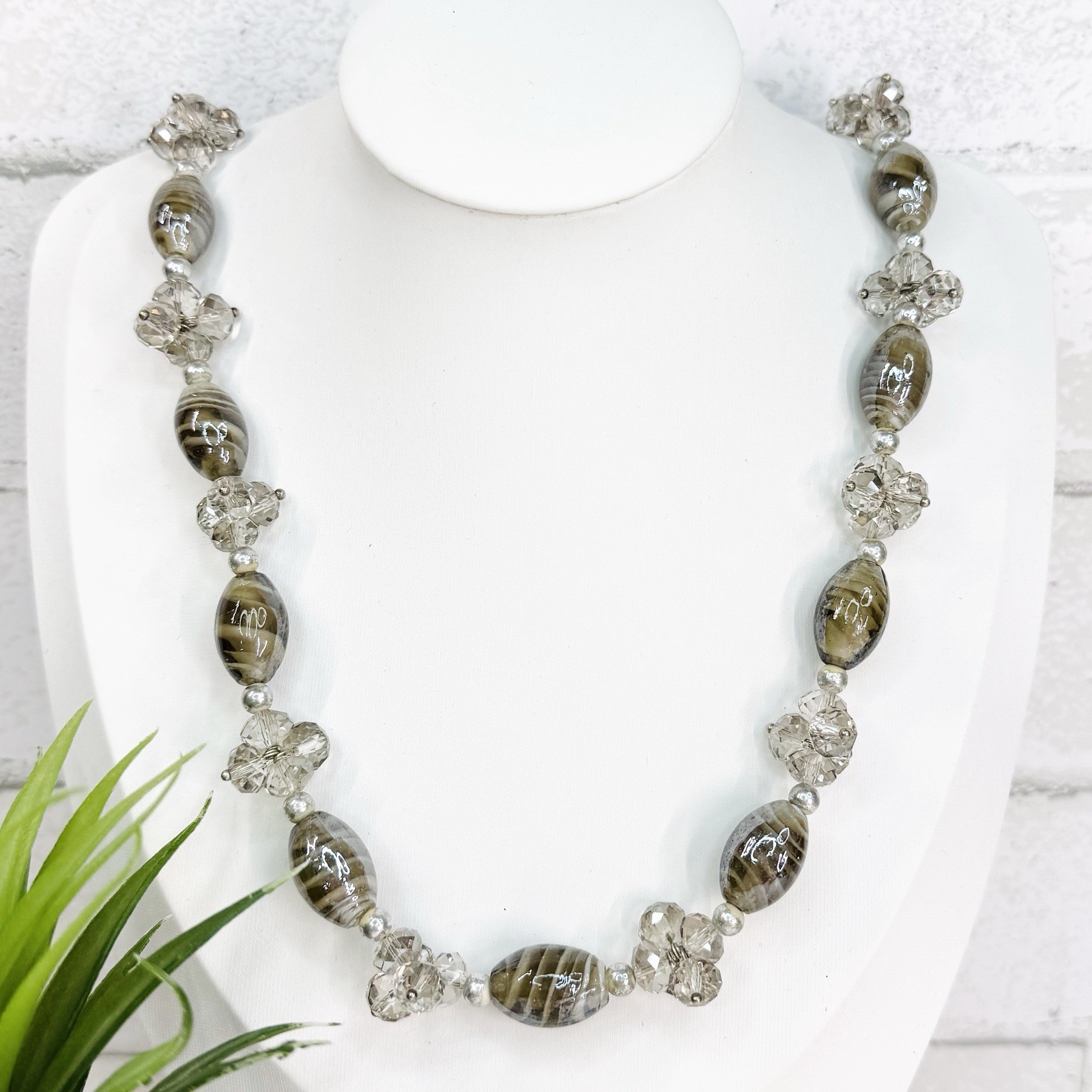 Handmade Gray Brown Swirl Oval Art Glass Smokey Crystal Cluster Beaded Necklace