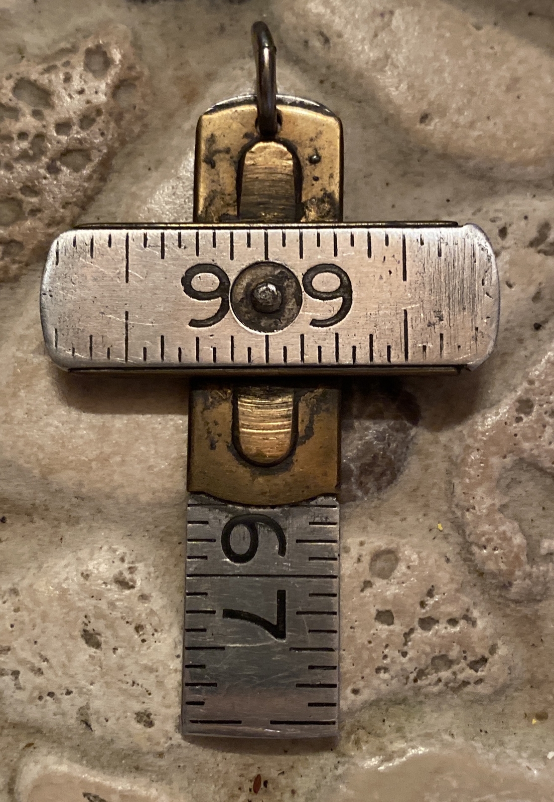 Artisan Handcrafted Steel Brass Carpenter Ruler Cross Pendant Up cycle Vintage