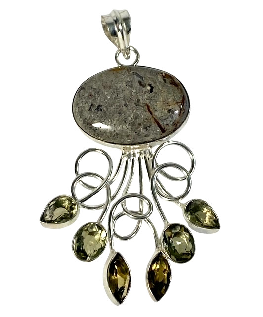 Coffee Bean Jasper & Green Amethyst Gemstone Sunburst Statement Pendant 3.4″