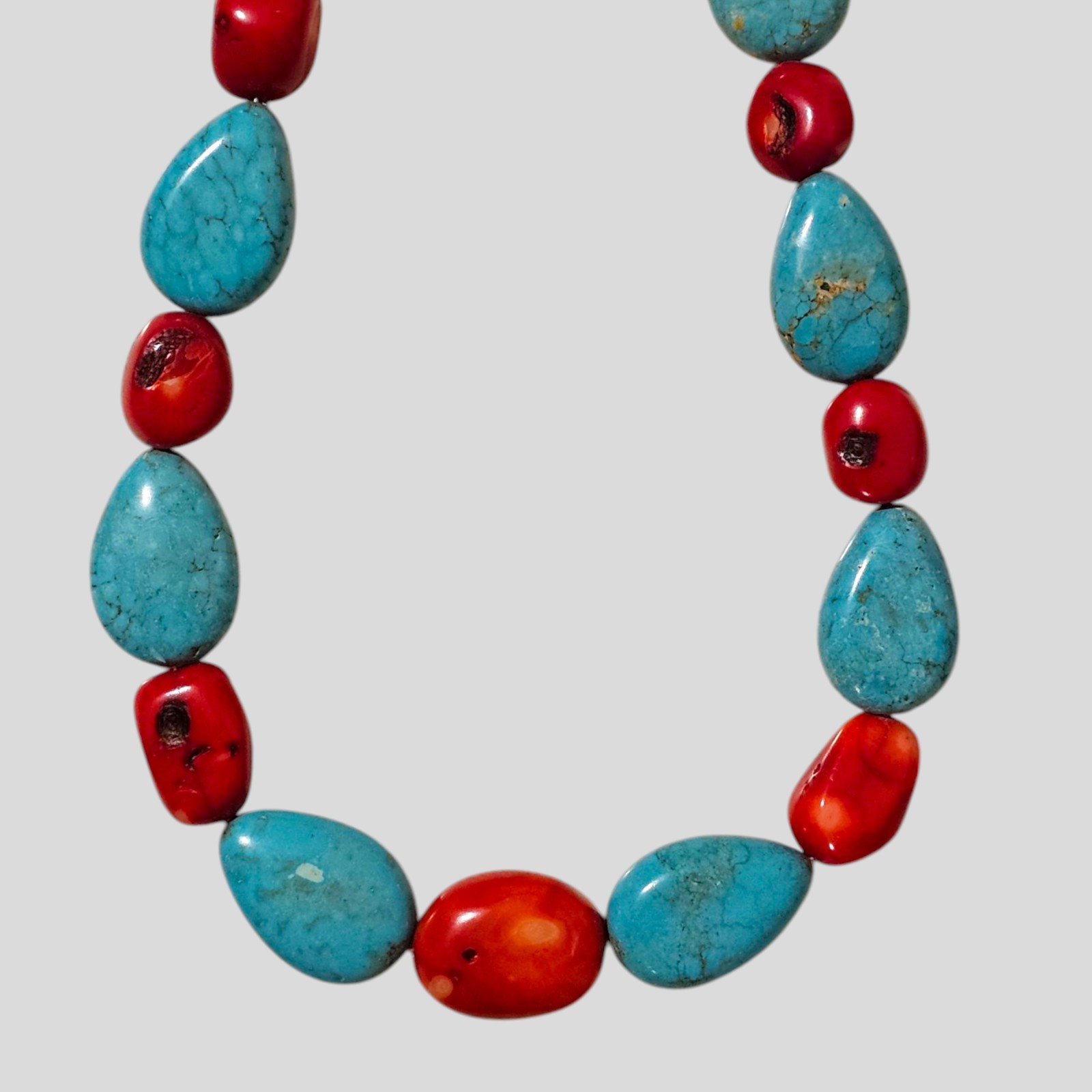 Turquoise Howlite And Coral Nugget Necklace 28 Inches Minimalist Natural Jewelry