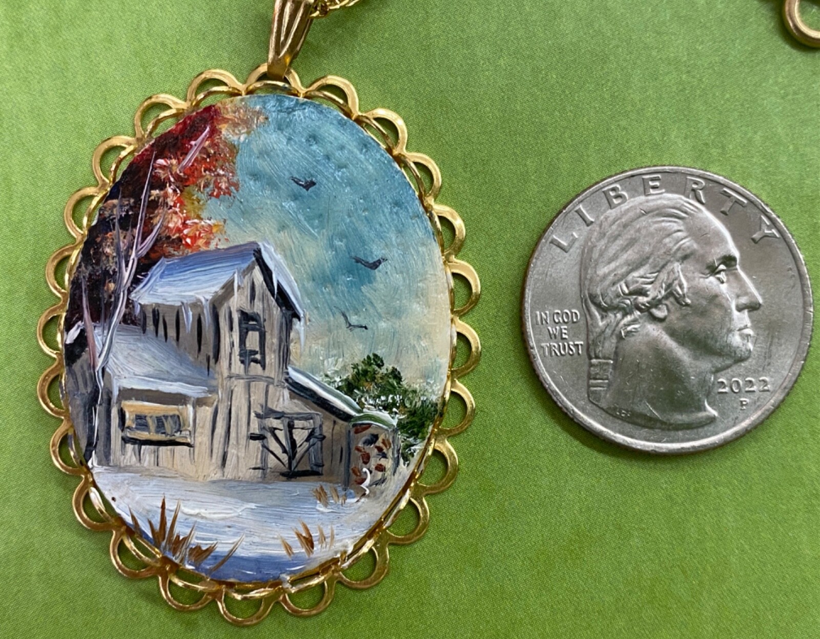 Vintage Hand Painted Egg Shell Pendant Necklace with Gold Tone Chain Old Barn