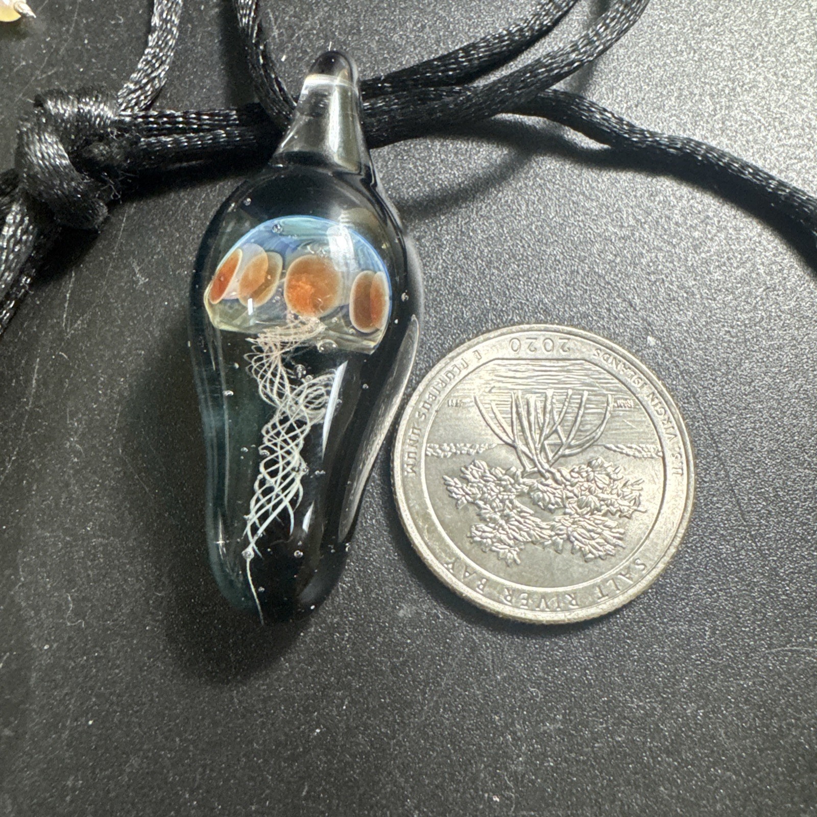 Handmade Blown Glass Blue Jellyfish Pendant Black Blue Artsy Boho Nautical Sea