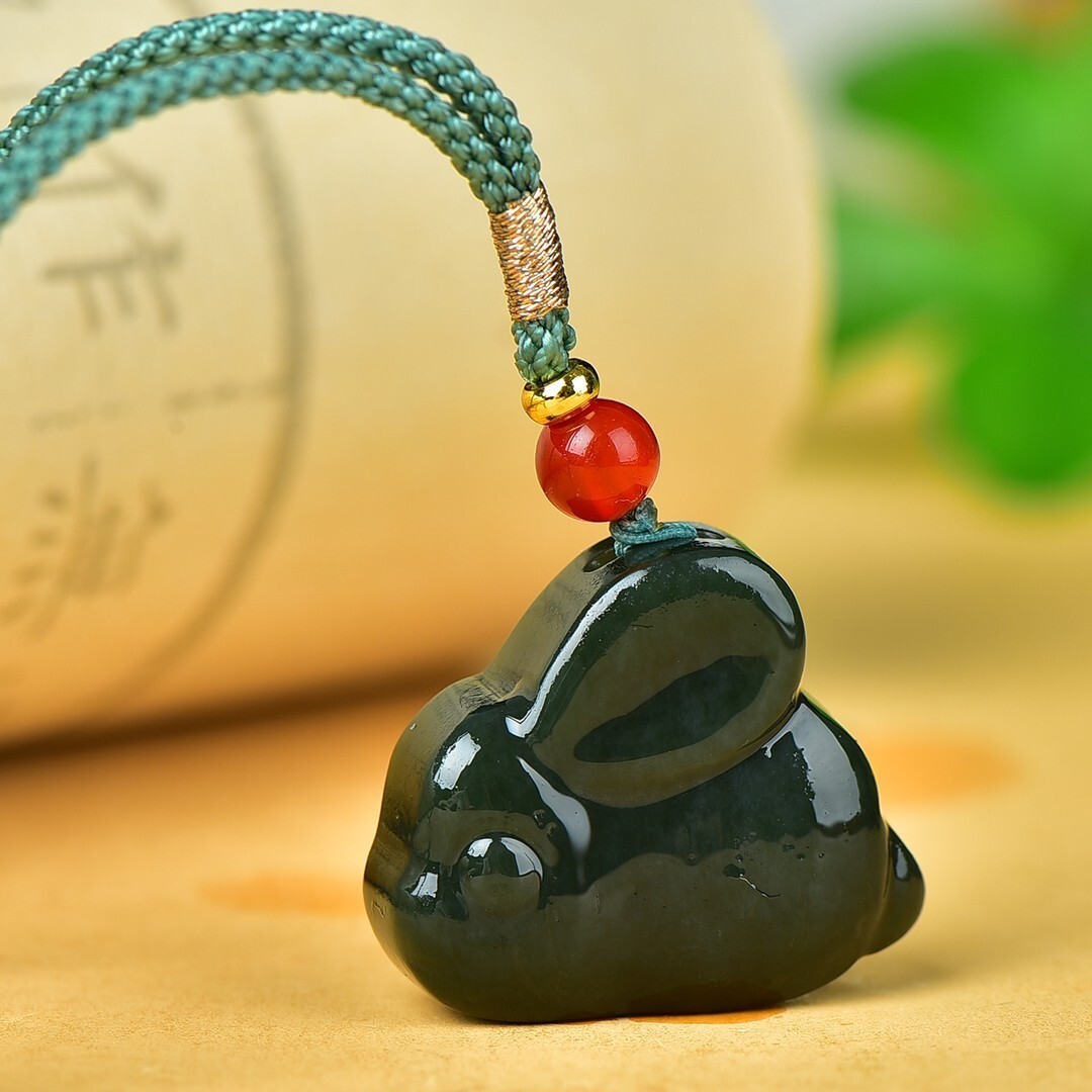 Natural Jade Dark Green Hand Carved Zhaocai Rabbit Necklace 23*27MM