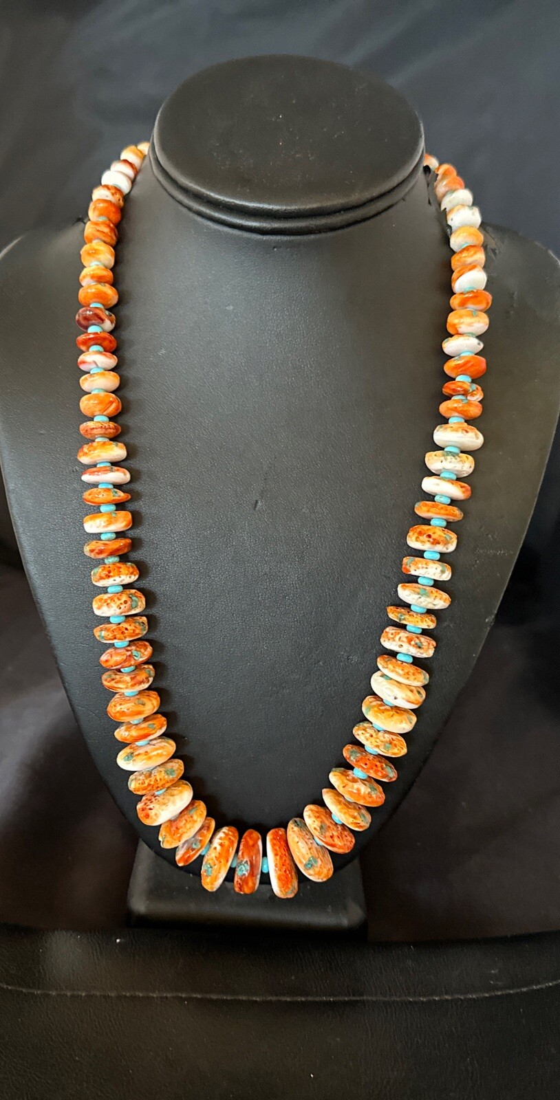 Orange Spiny Oyster Blue Turquoise Navajo Sterling Silver Necklace 23″ 18087