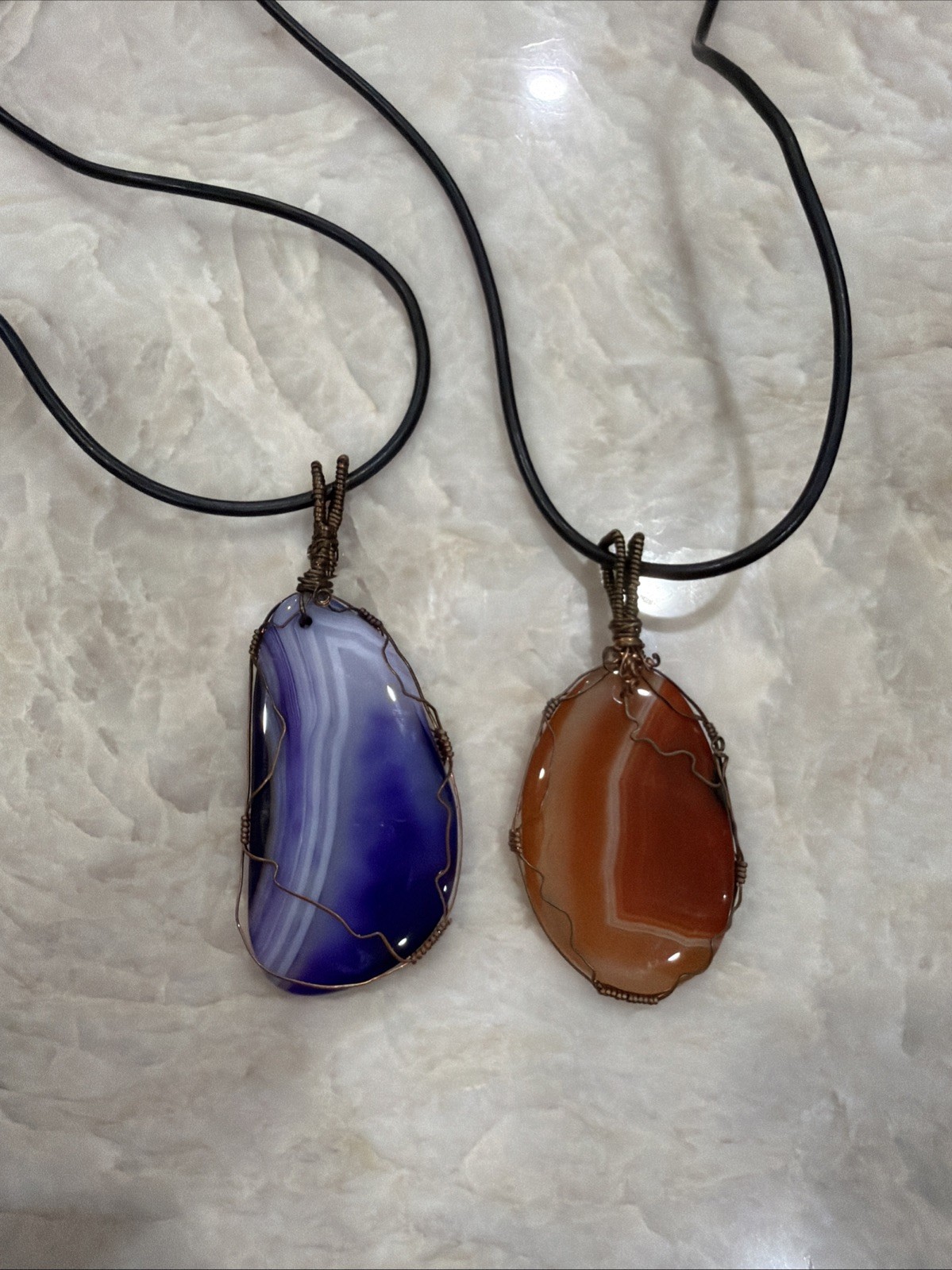 OOAK Handmade Purple & Orange Banded Agate Copper Wire Wrapped Necklace Set