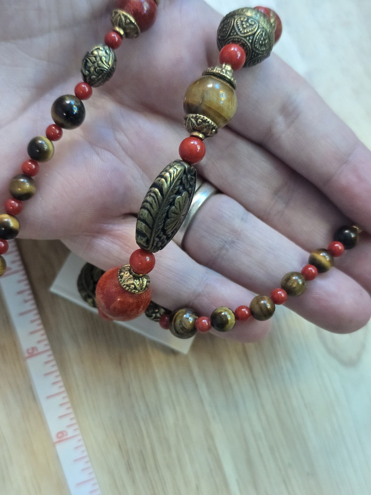 Tiger’s Eye, Carnelian, and Red Jasper gemstone necklace, W Gold-tone Beads 22″