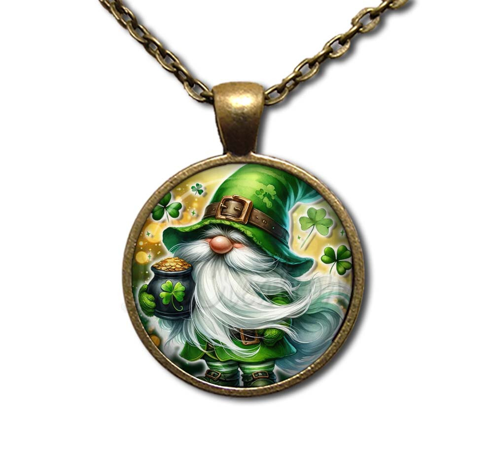 Gnome and Pot of Gold – Handmade ROUND Glass Pendant Necklace