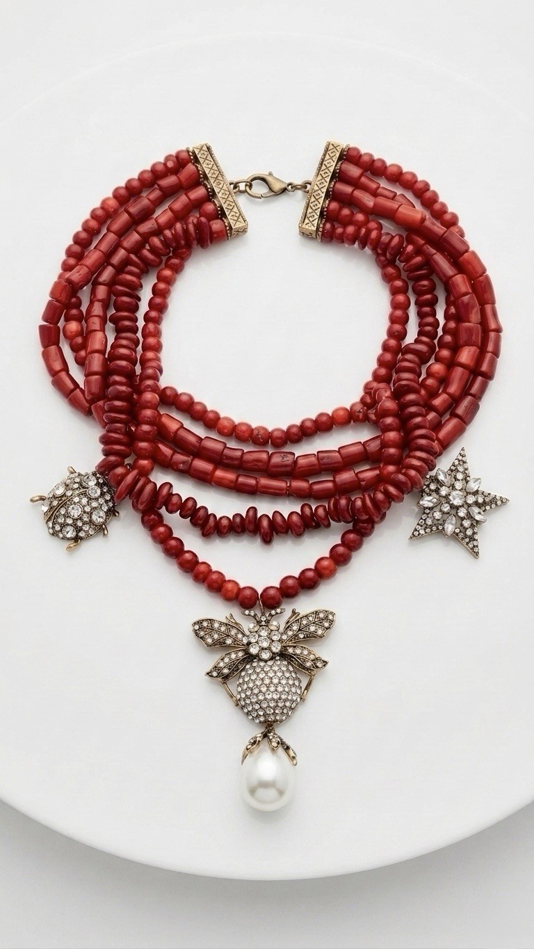 Coral Necklace w/ Pearl, Star & Ladybug Pendants | 18K Gold Plated Handcrafted
