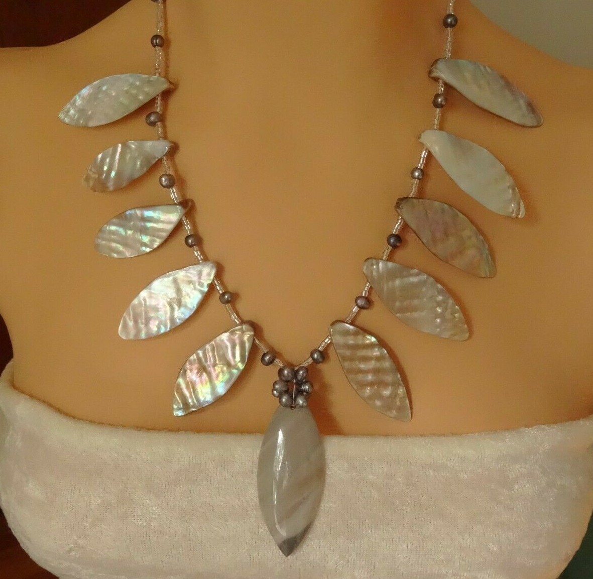 Mother of Pearl Statement Necklace, Shell Bib Collar, Mocha Agate Pendant