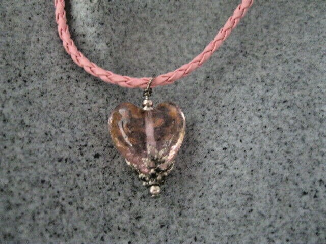 NEW GLASS HEART LAMPWORK PENDANT ON BRAIDED LEATHER NECKLACE PINKS & PURPLES