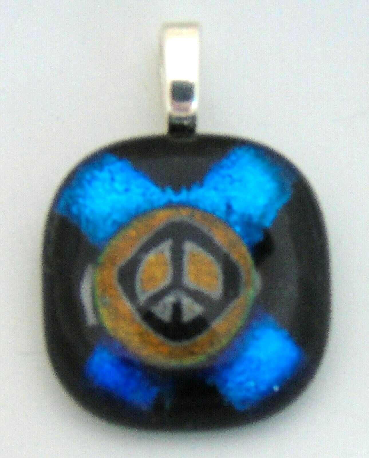 Blue Gold Peace Sign Pendant etched dichroic fused glass jewelry