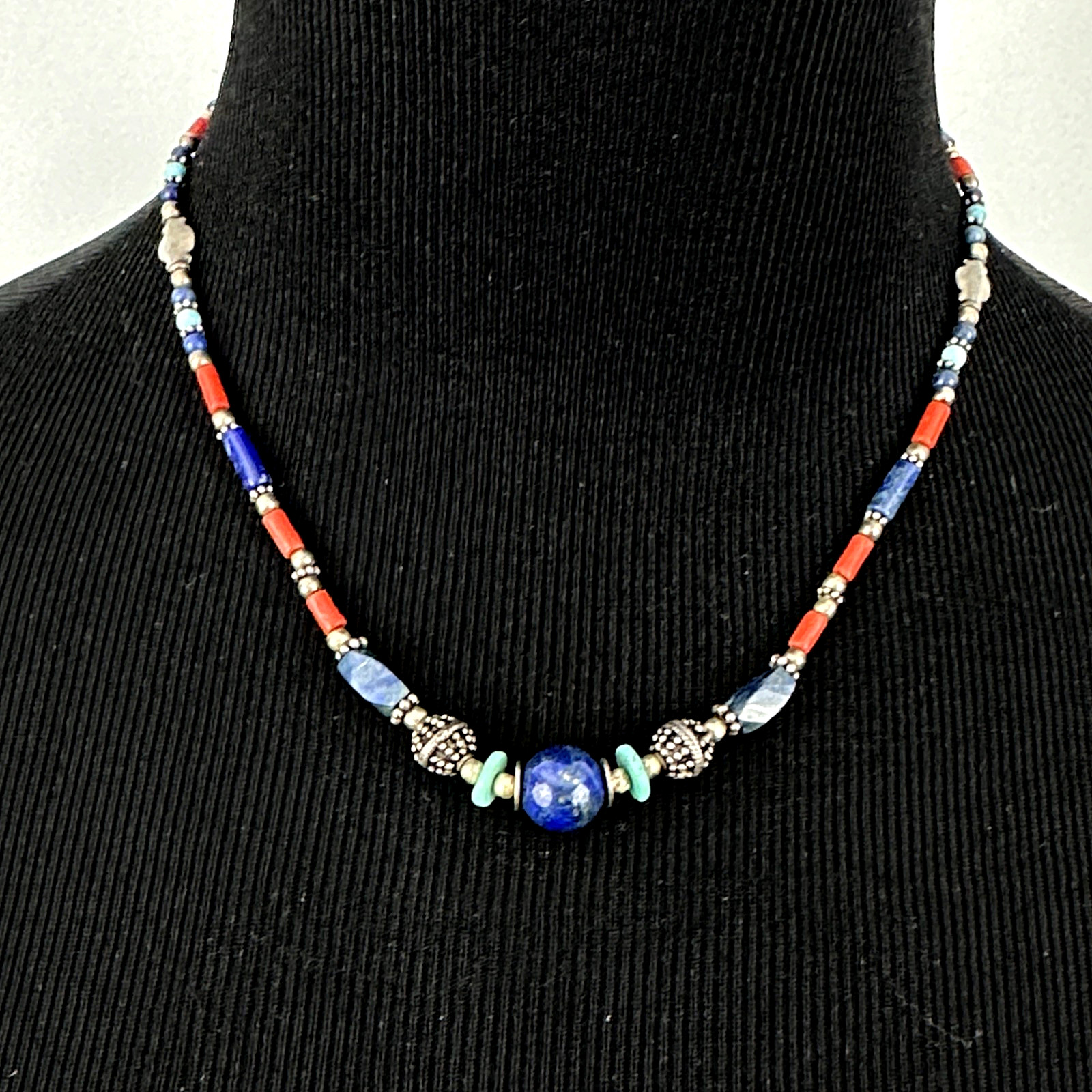 BOHEMIAN beaded necklace – sterling silver lapis lazuli coral & turquoise 17″