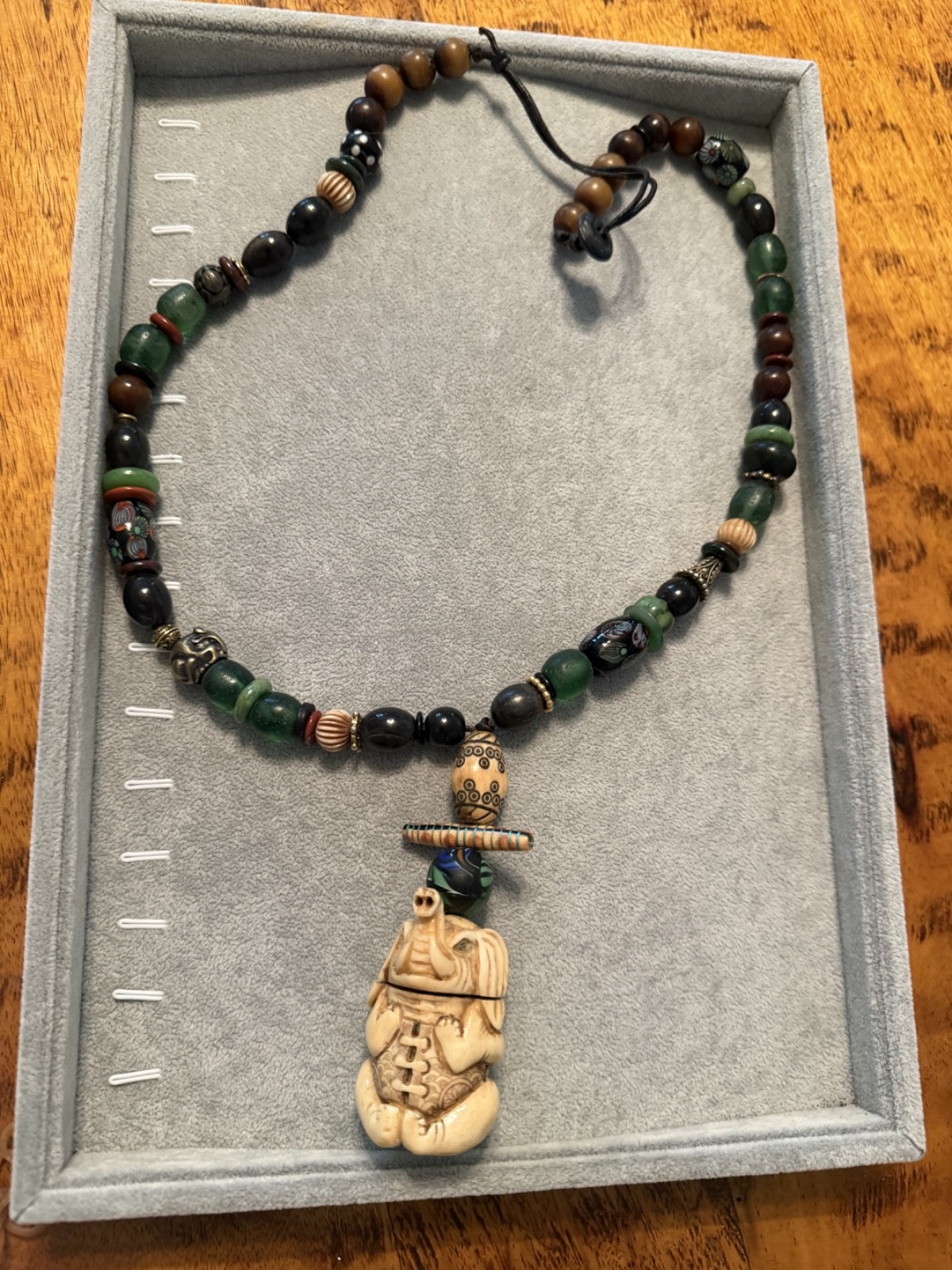 Carol Barrett Carved Chinese Elephant Box, African Tribal Necklace 30″ JB1