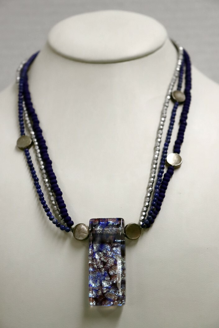 Handmade Dichroic Fused Glass Artist Pendant Beaded Necklace 22″