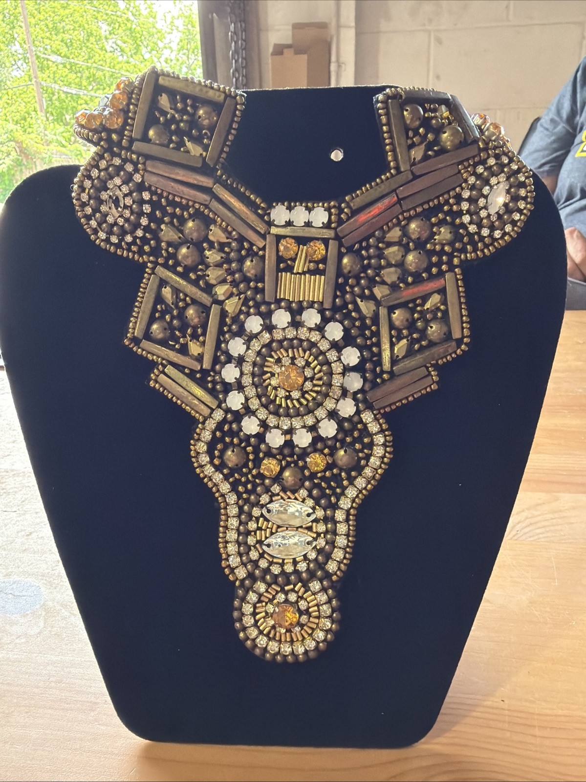 handcrafted bib necklace intricate bead embroidery metallic crystal stone accent