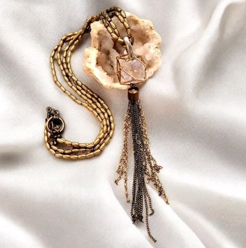 Melanie Lynn Rhinestone Caged Eclectic Antiqued Metal Tassel Beaded Necklace