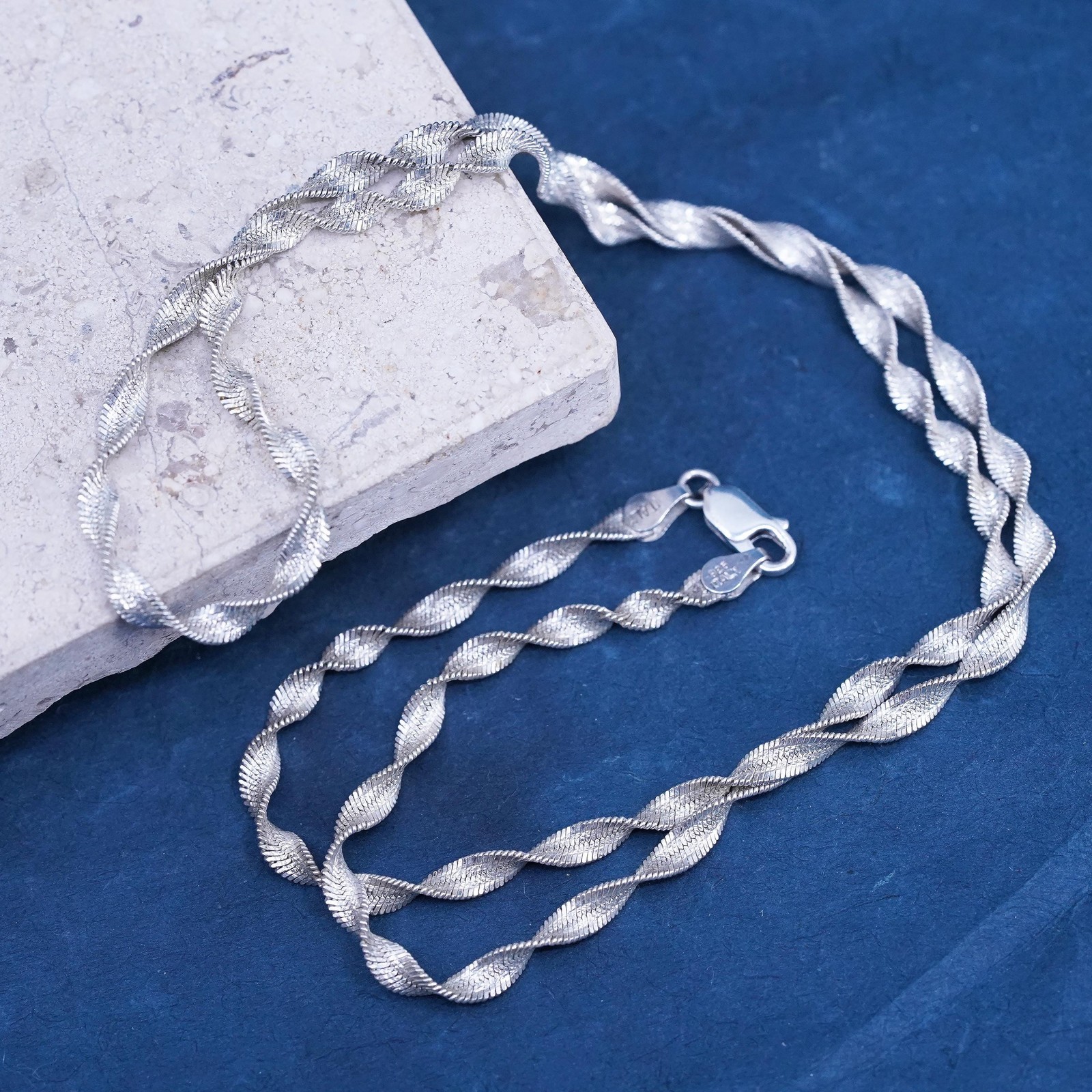24″, vintage Sterling silver handmade chain, 925 twisted herringbone necklace