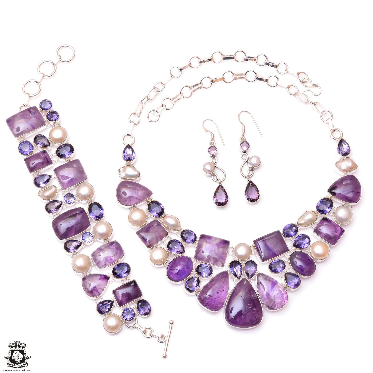 Trapiche Amethyst Auralite 23 Pearl Silver Earrings Bracelet Necklace SET1203