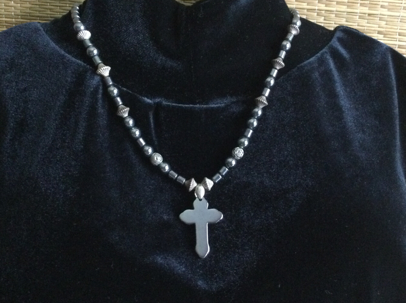 Cross Pendant 16” Necklace Hematite Stones Handmade One Of A Kind