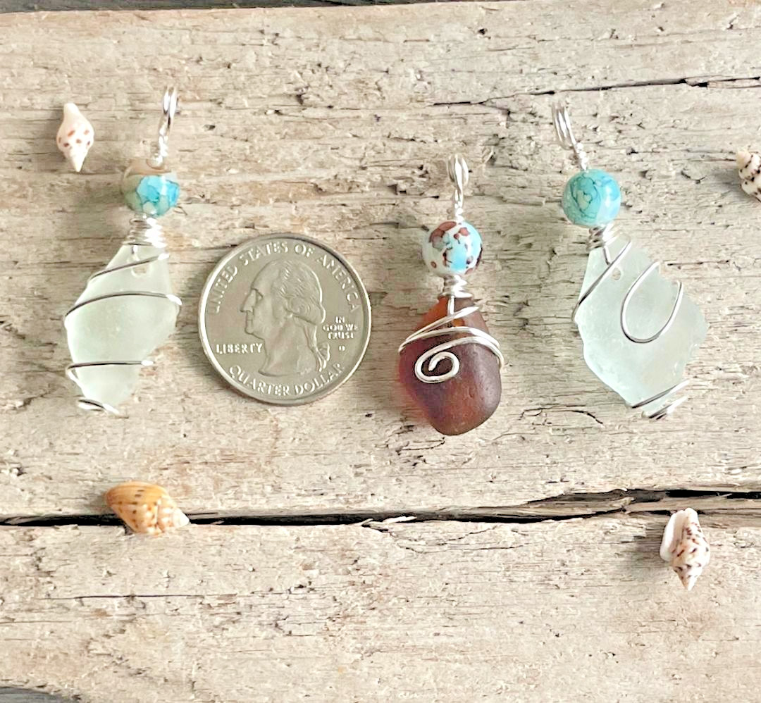 3 Beaded SEA GLASS Necklace Pendants Purse Charms Windchimes Chain Pulls Gifts