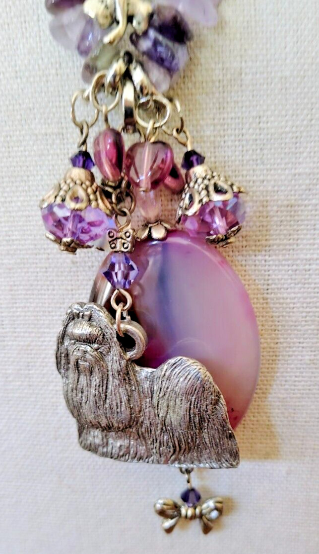 Vintage GG Harris Shih Lzu Pewter Pendant Necklace Chunky Amethyst & Glass