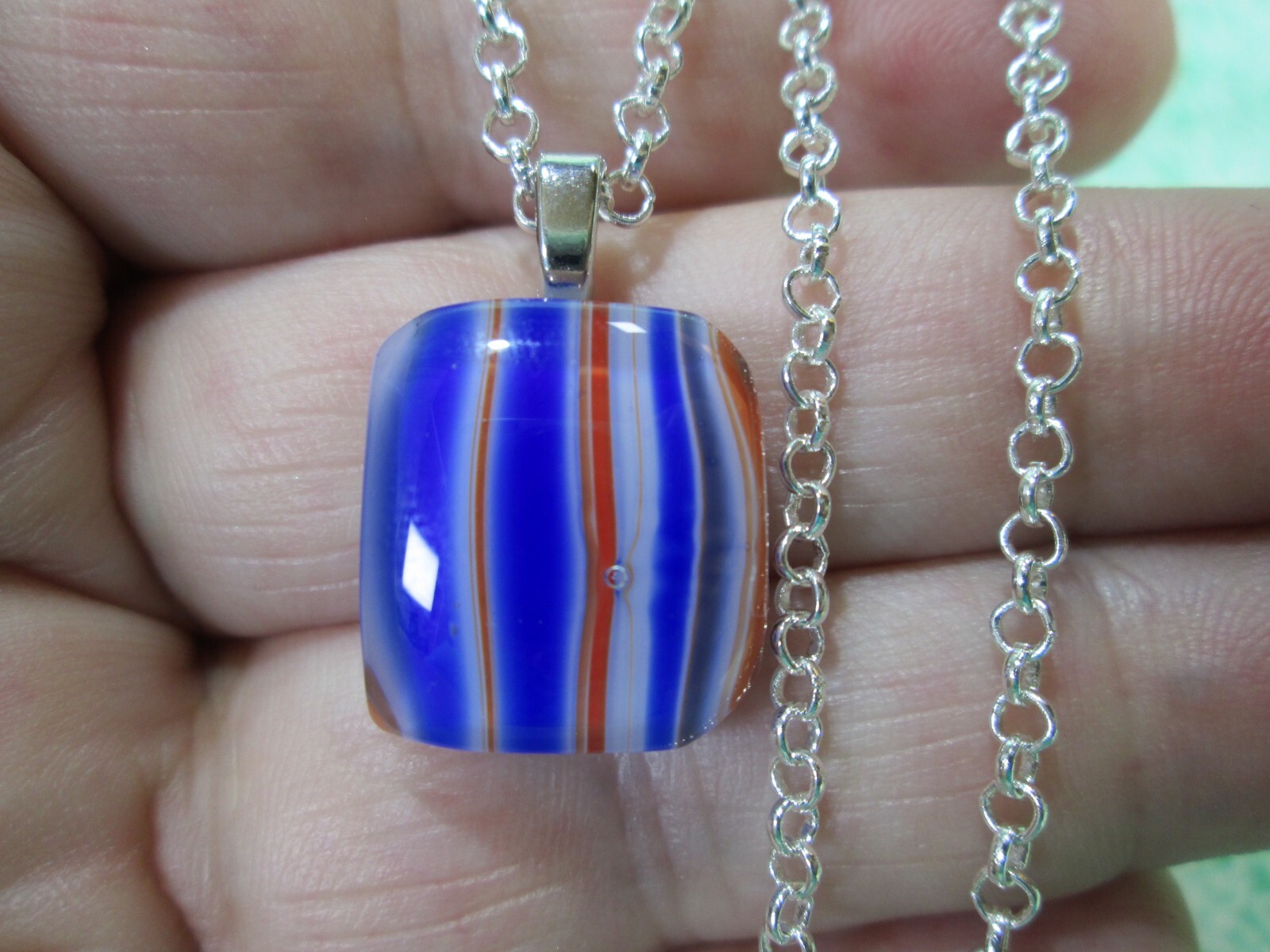 Striped Fused Glass Pendant w/ Silver Plated Rolo Chain 18″ / Blue Red White / B