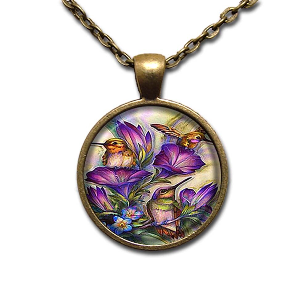 Hummingbirds Purple Flowers Design – Handmade ROUND Glass Pendant Necklace