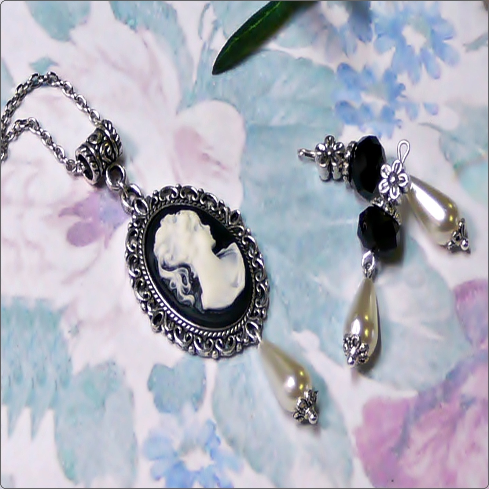 Cameo Black or Blue and White pendant necklace , optional earrings