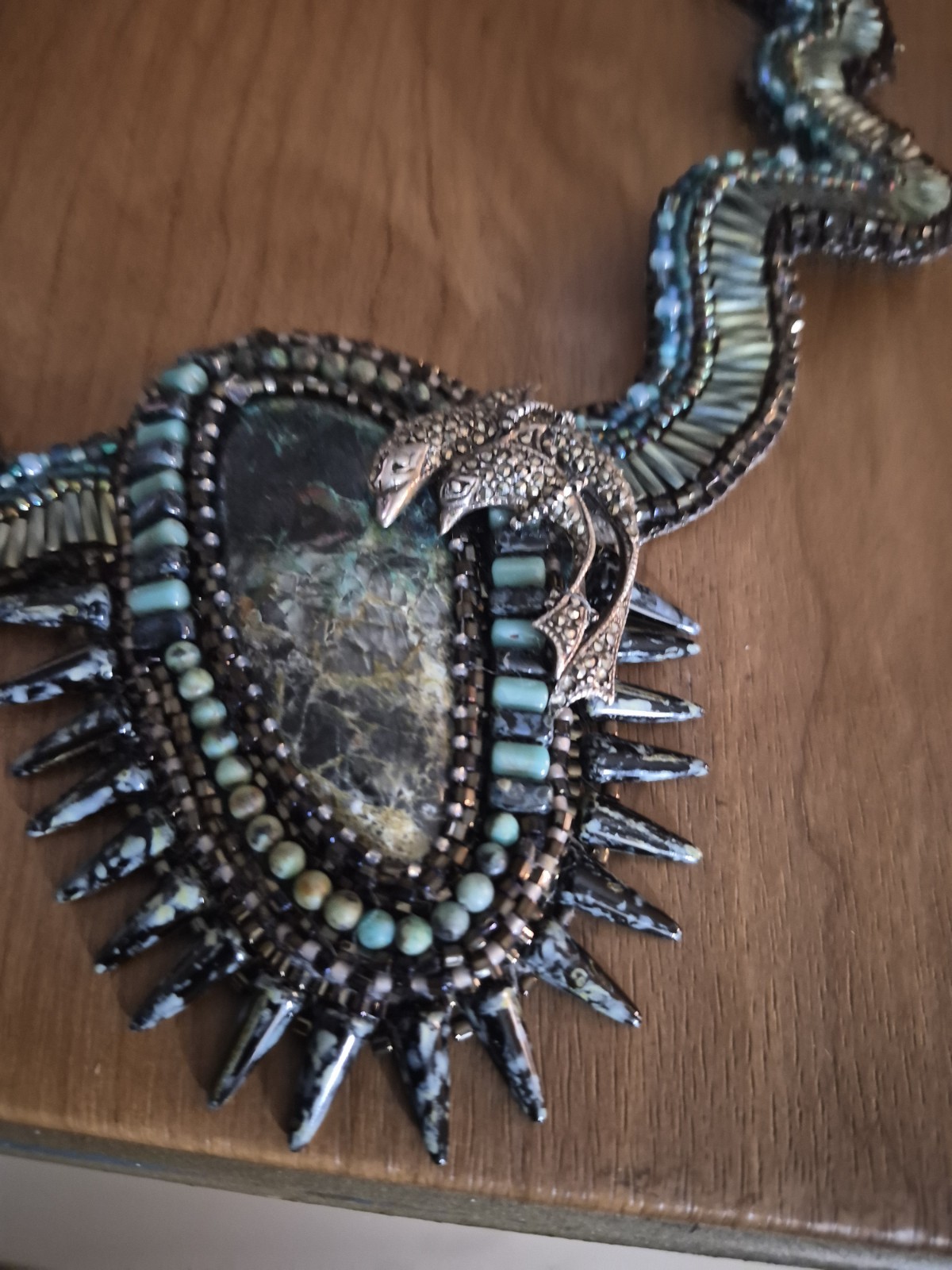 Handmade Beaded Statement Collar Necklace Suede Backed Ocean Dolphin Art Jewelry