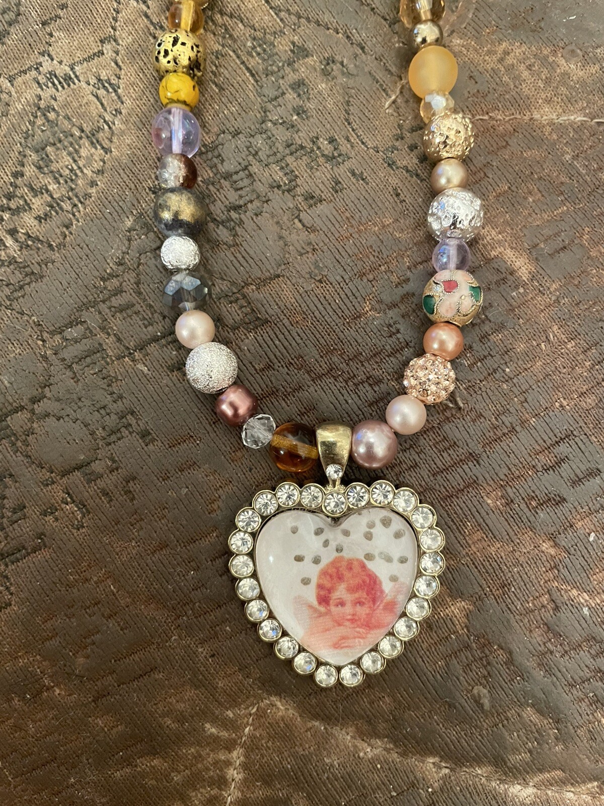 Victorian Angel Cherub Crystal Bejeweled Heart Pendant Agate Pave Bead Necklace