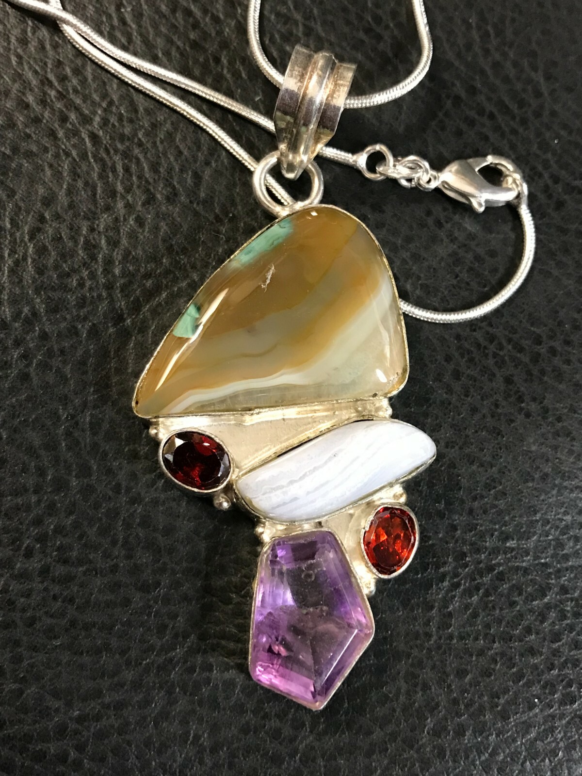 Amethyst Garnet White Agate Gemstones Modern Sterling Silver Pendant Necklace