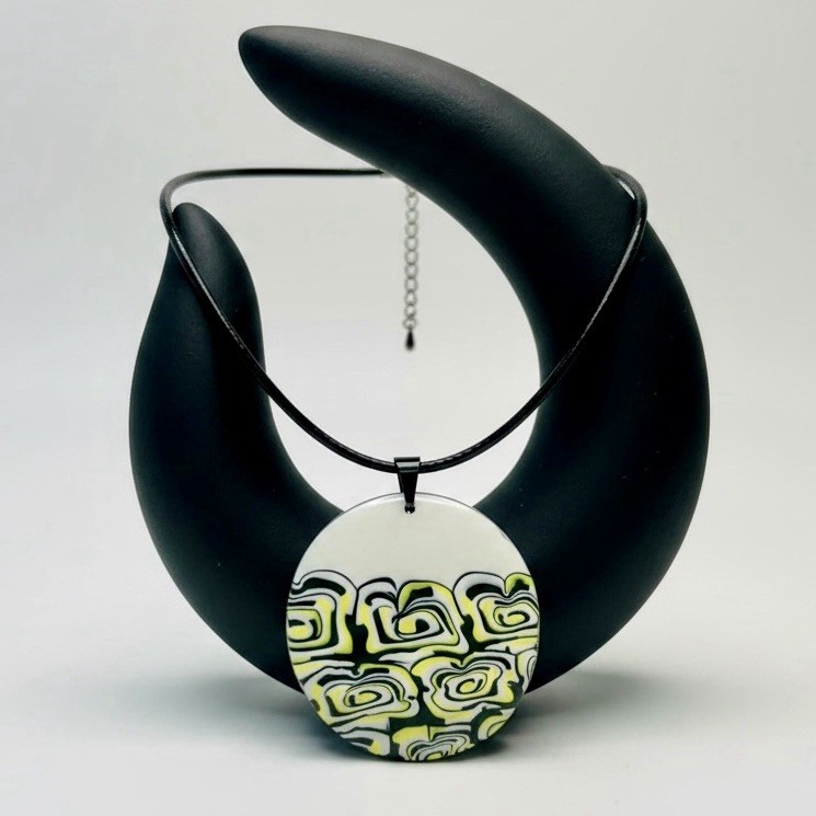 Yellow Black White Graphic Print Handmade Polymer Clay LG Pendant Necklace Cord