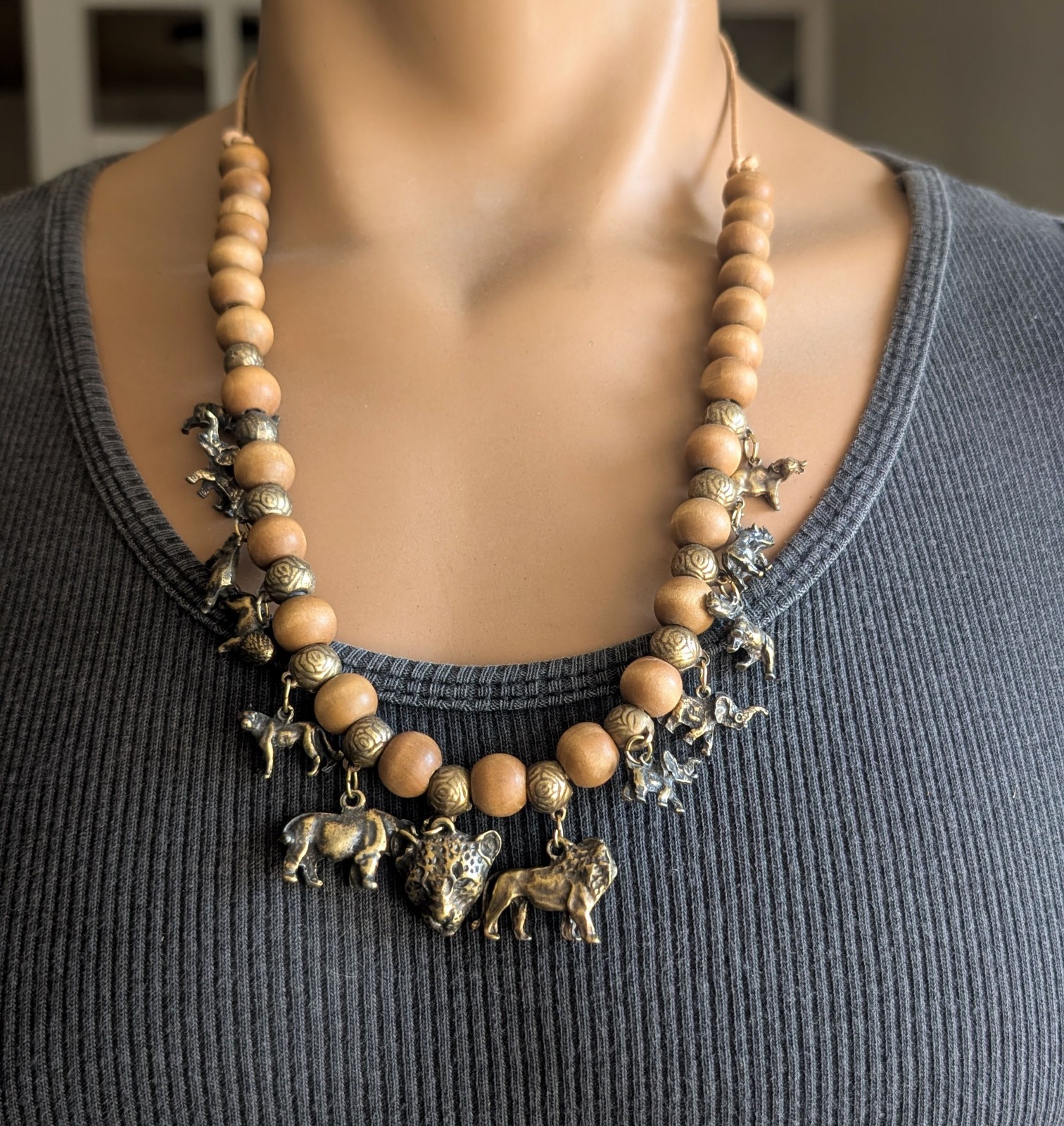 African Animal Charm Pendant Necklace Brass Lion Rhino Cheetah 24″ Handmade