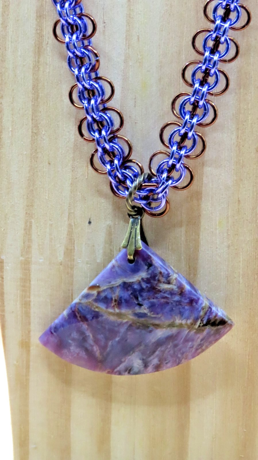 assymetrical Natural Charoite Pendant on Hand-Made Chain Maille Necklace