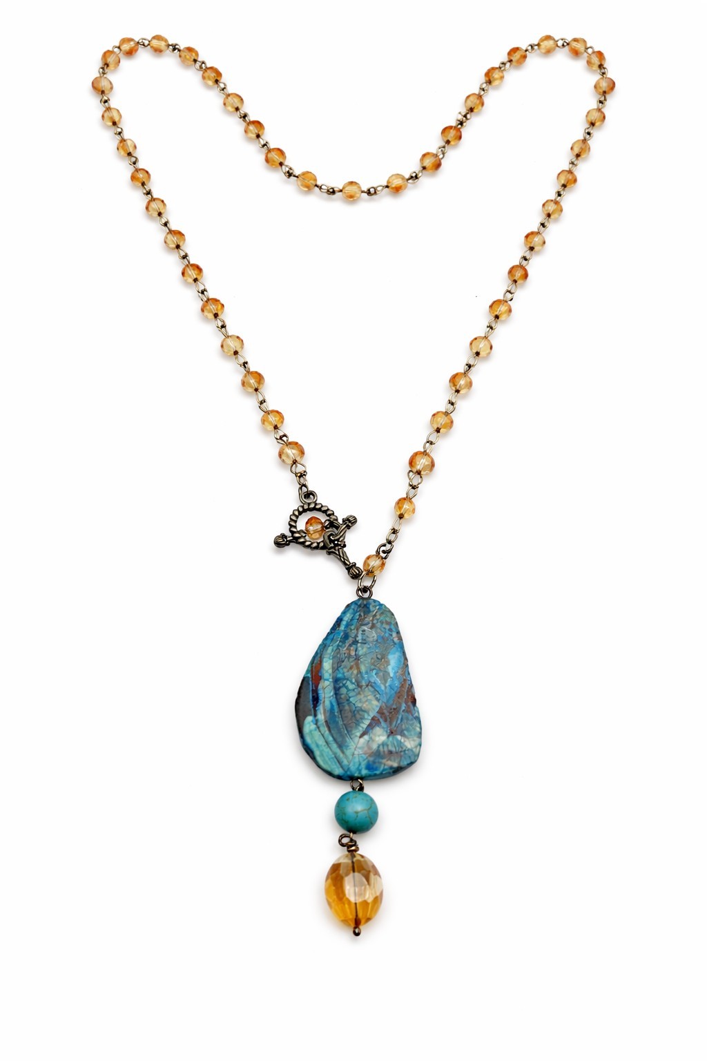 LongTurquoise Stone Pendant Necklace Amber Glass Beads Boho Artisan Style Toggle