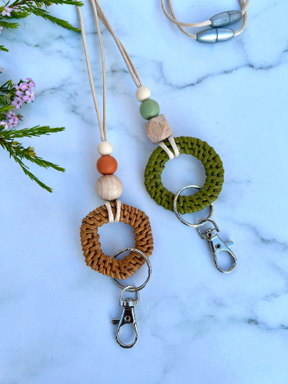 Rattan Wooden Lanyard Teacher Silicone Beaded ID Badge Holder Name Tag Gift