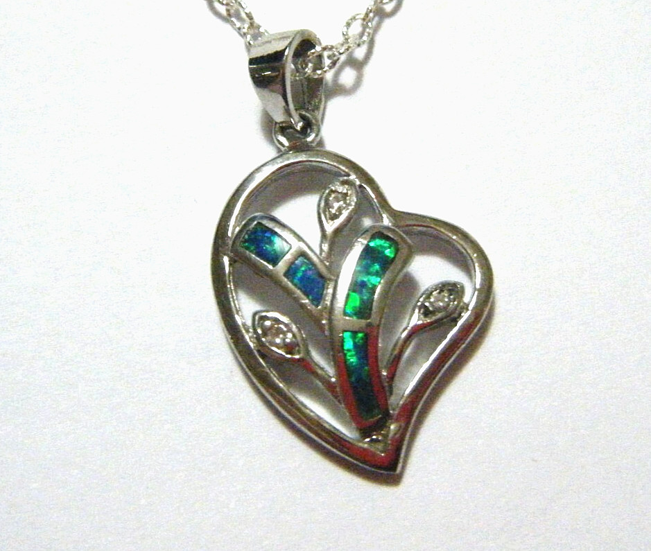 Vintage Blue Fire Opal Inlay Sterling Silver Heart Pendant & 18″ Chain Necklace