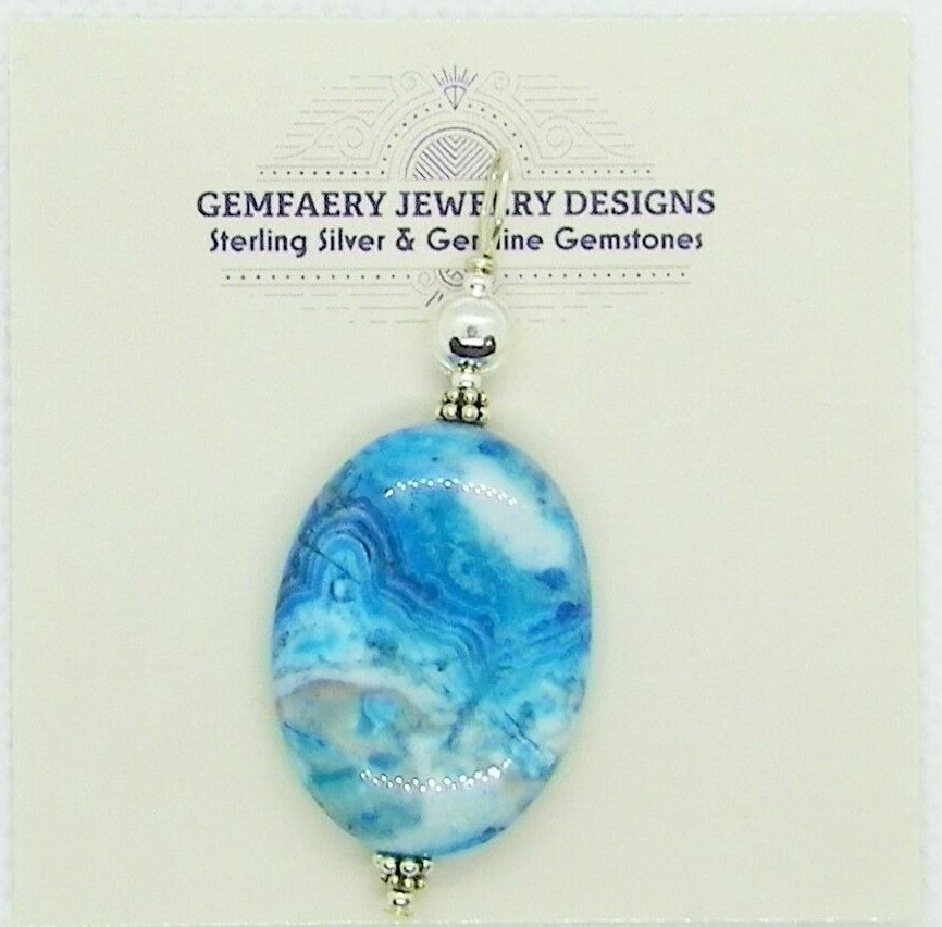 Sterling Silver Blue CRAZY LACE AGATE Gemstone Pendant #3154…Handmade USA