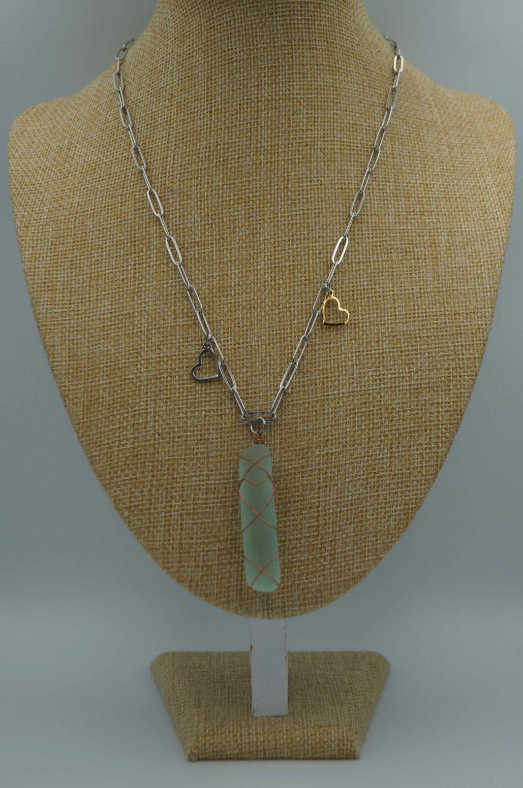 Aqua Sea Glass Piece & Heart Charms on Paperclip Stainless Steel Chain (P#194)