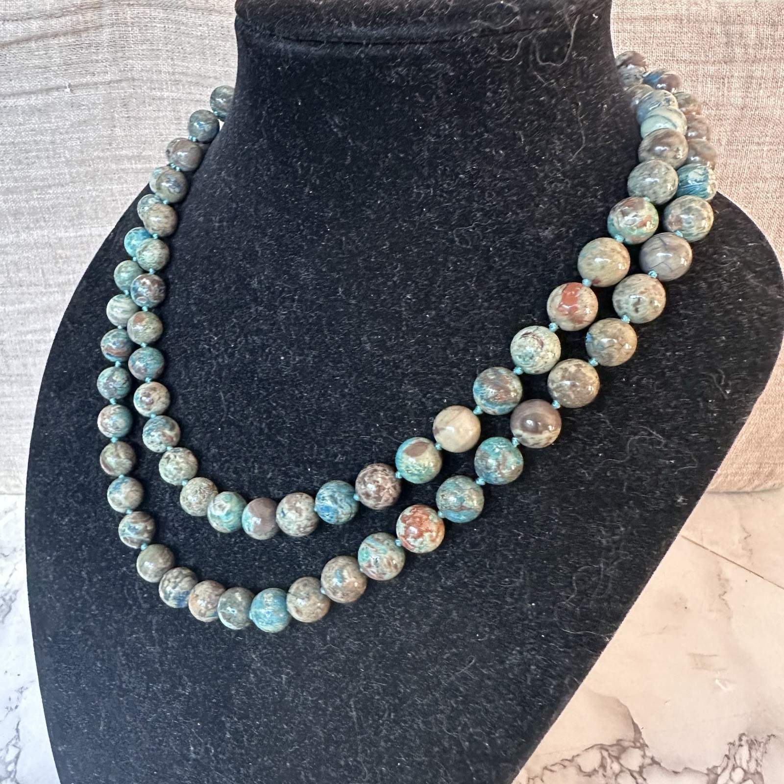 Jasper Blue Green Natural Stone Silk Knotted Bead Long Necklace 41”
